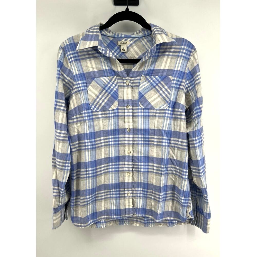 L.L.Bean Women's Button Down Flannel Shirt Size XS White Blue Plaid Outdoor